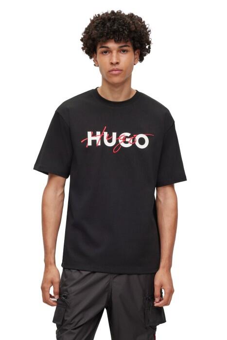 Hugo - Çift Logo Baskılı Pamuklu Erkek T-Shirt - 50494565 Siyah