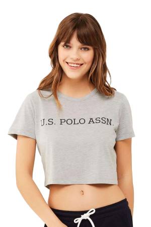 U.S. Polo Assn. Kadın Crop T-Shirt - US.01.16609 Gri Melanj - Thumbnail